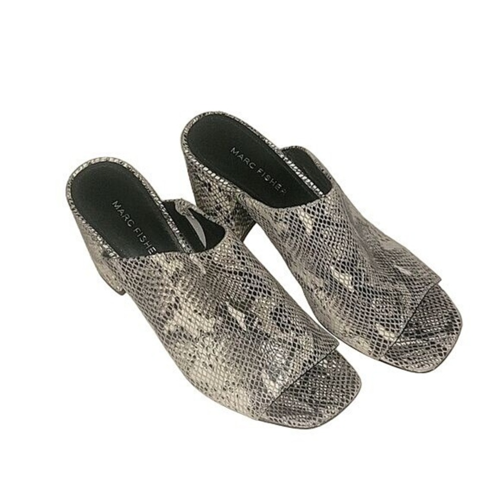 Marc Fisher Snakeskin Embossed Block Heel Mules Grey Black Square Toe Slides